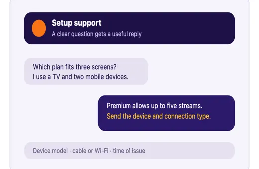 Abstract support chat explaining an IPTV plan and setup details